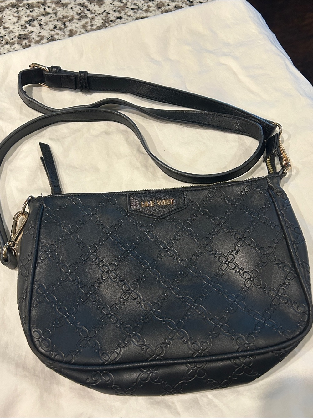 Nine West Black Embossed Crossbody Bag with Gold Accents